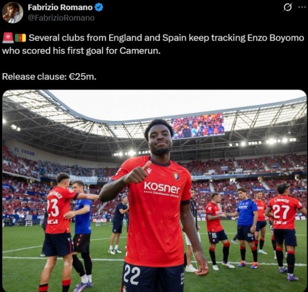 Romano: Premier League & La Liga teams pay attention to Osasuna defender Bo Yomo, 25 million euros