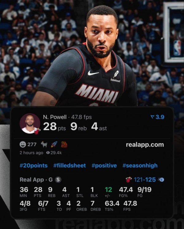 Powell scored 28 points in his Heat debut, the highest score in a debut since James in 2010 in team history.