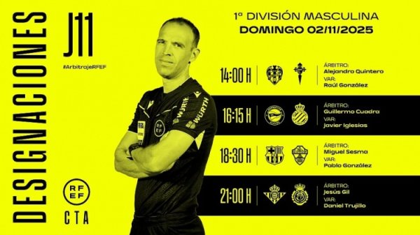 Referee arrangements for some games in the 11th round of La Liga: Sesma officiating Barcelona vs. Elche at home