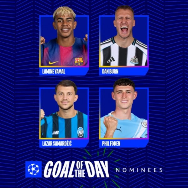 Candidates for the best goal of the day in the Champions League: Yamal, Dan Byrne, Samardzic and Foden are listed